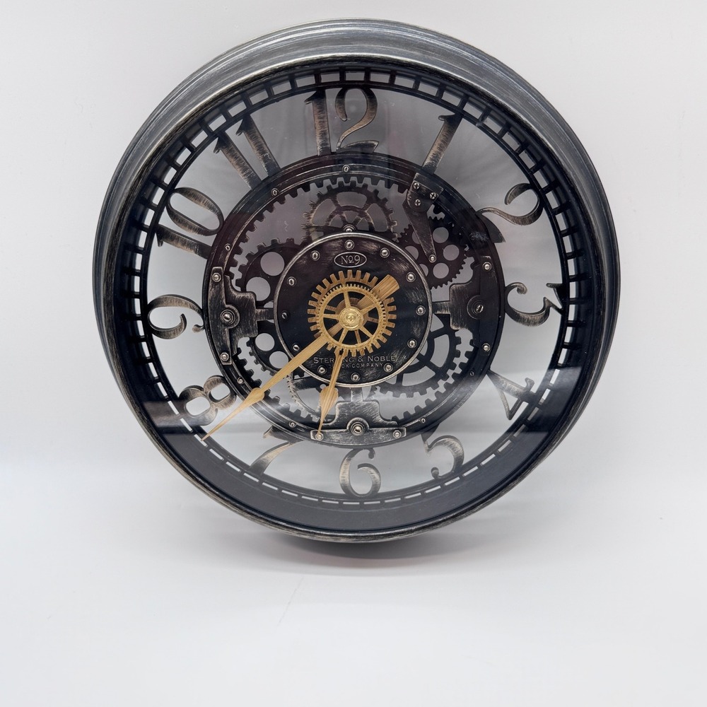 Sterling & Noble Wall Clock 11in Black Silver "No. 9" Steampunk Gear Wall Decor